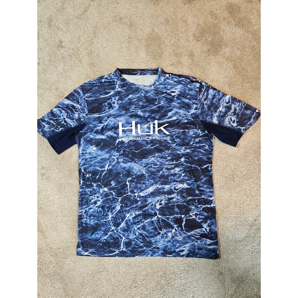 Huk Performance Fishing Shirt‎ Mens Medium Blue Mossy Oak Agua Camo Short Sleeve